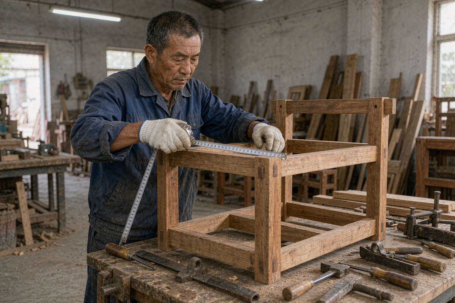 芝诺家具车间老木工检查沙发实木木架