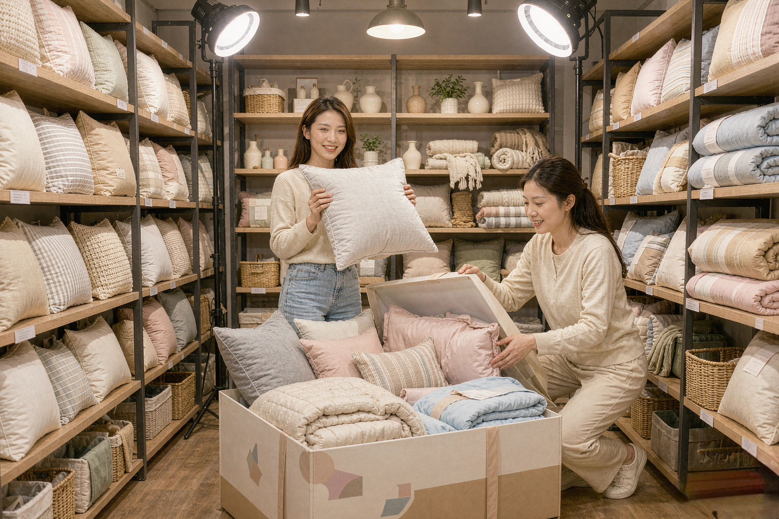 直播间实拍:主播与助理展示家居赠品礼盒