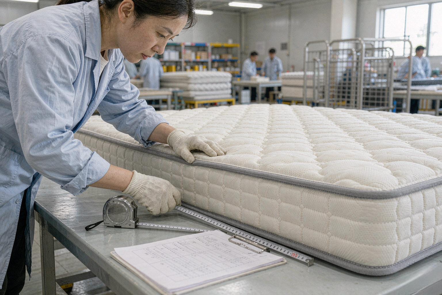 工厂质检区实拍：质检员检查床垫缝线与围边工艺