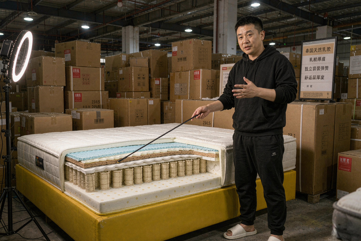 家具直播间实拍:主播讲解床垫剖面内部弹簧与乳胶层结构