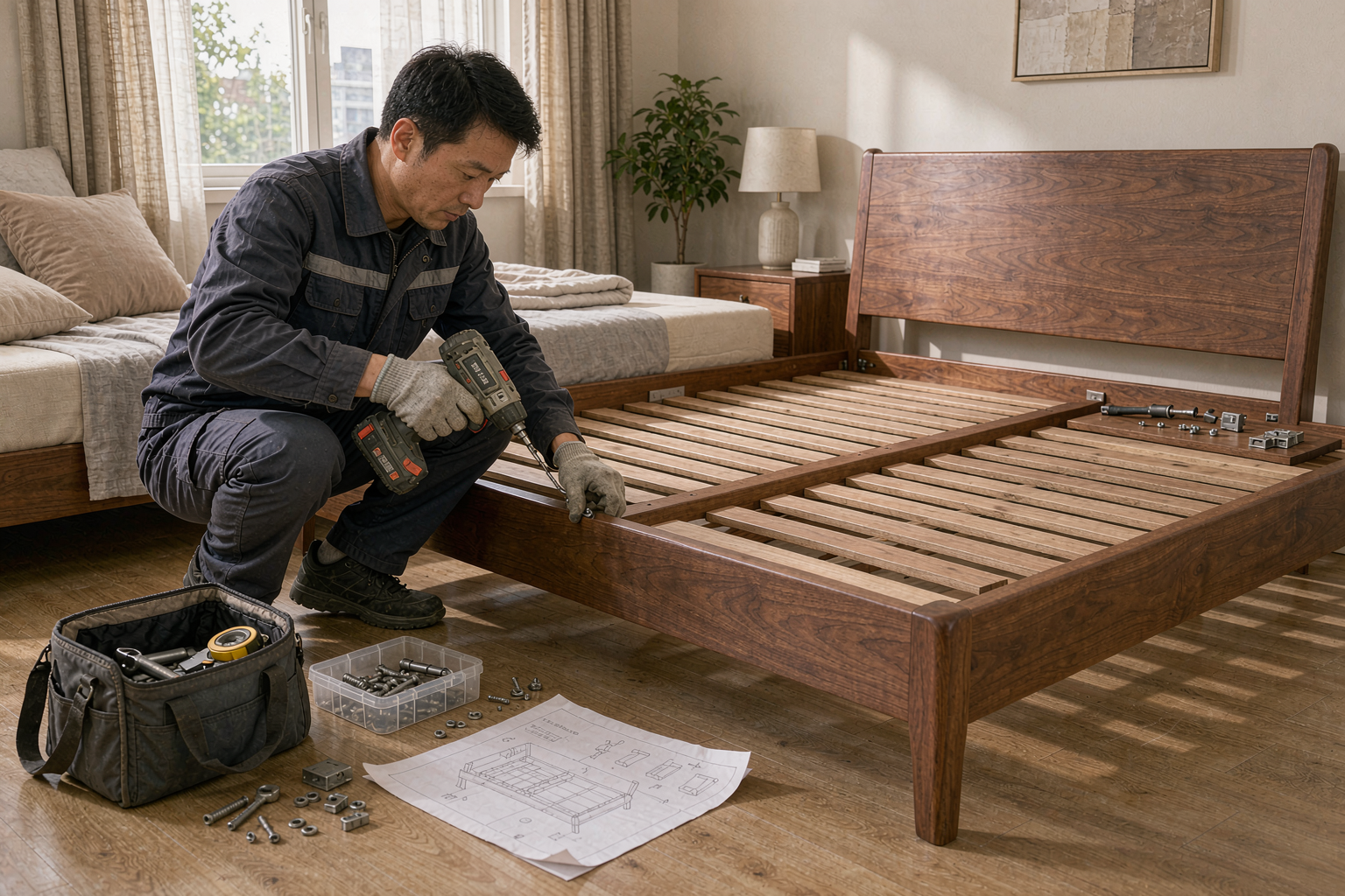芝诺家具师傅上门安装床架实拍