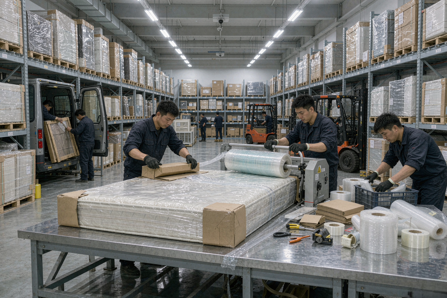 家具仓库实拍：工人给床垫包护角并缠绕保护膜打包