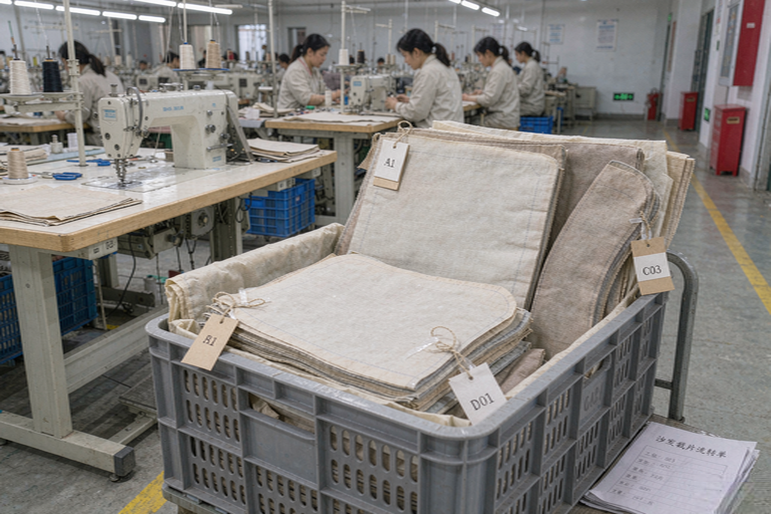 沙发裁片挂编号标签放进流转筐