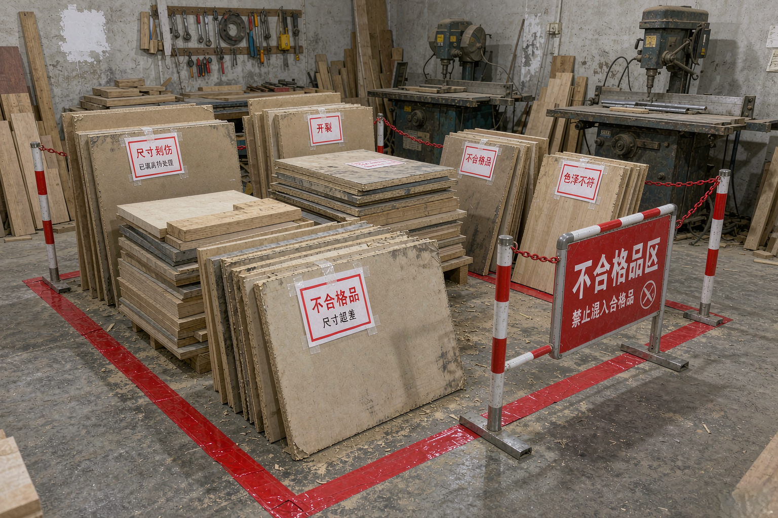 车间不合格品红色隔离区与标记板材实拍