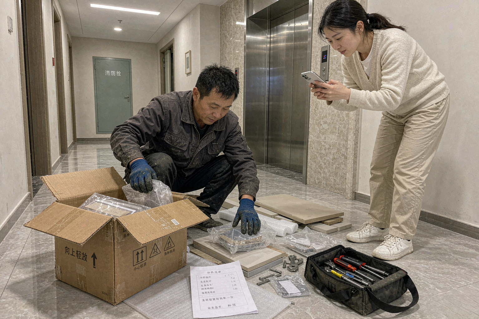 送装师傅在楼道开箱验货业主拍照