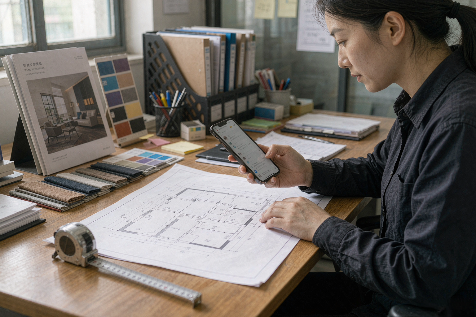 刚总家具客服在工厂办公区用手机回复客户家具咨询实拍