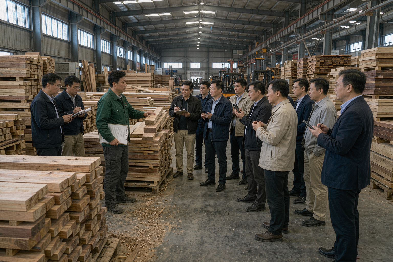 一群参观者围站在家具工厂木材原料区听讲解的实拍