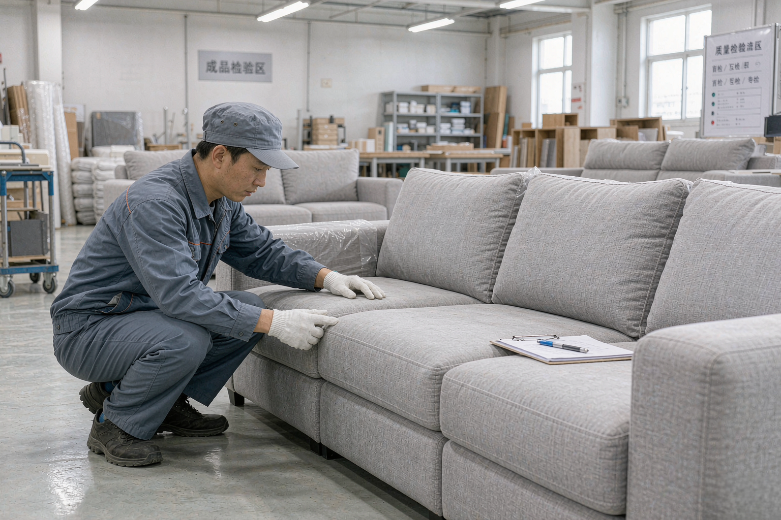 家具工厂成品检验区工人检查一批布艺沙发的实拍