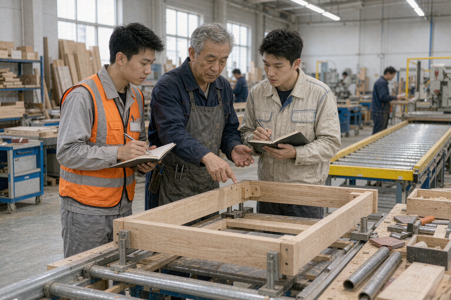 老师傅带新工人参观家具生产线