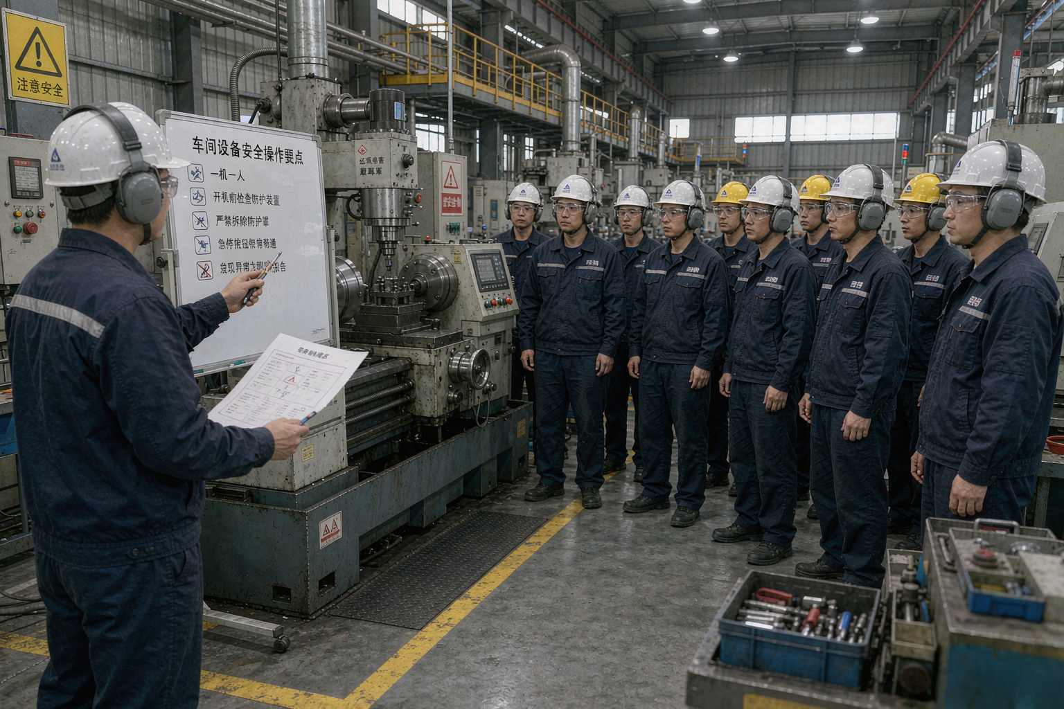 车间安全培训工人佩戴护目镜