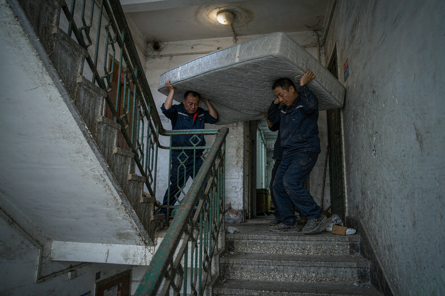 送货师傅抬床垫通过楼梯转角平台