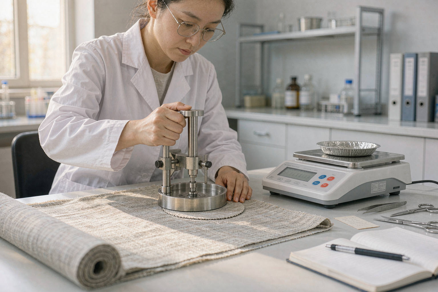 检验员用圆形取样器切取布料样布称克重