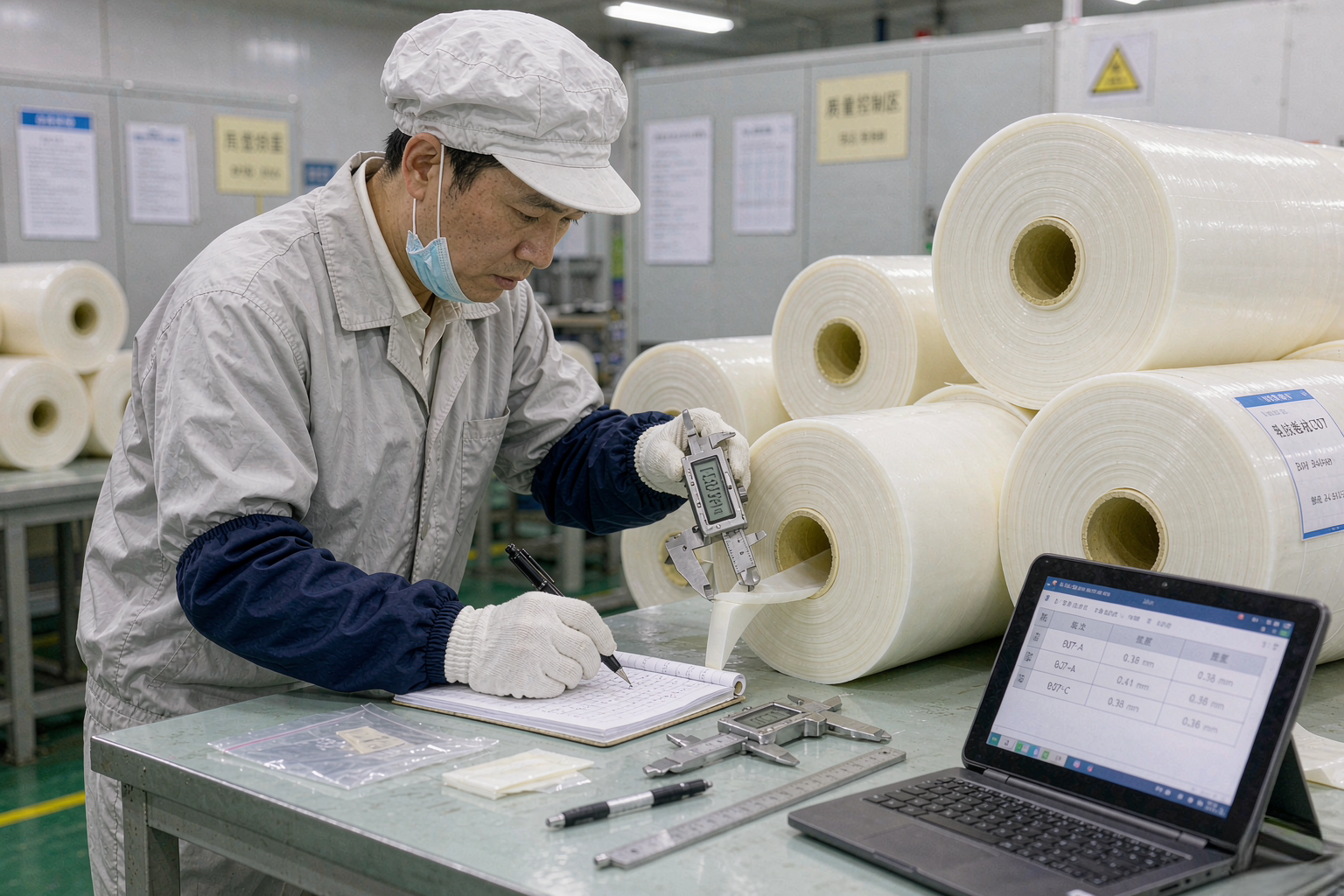 质检员测量乳胶层厚度