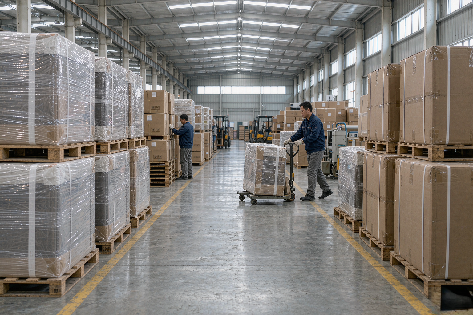 家具工厂打包仓库实拍:成品床垫和沙发纸箱包装整齐堆放