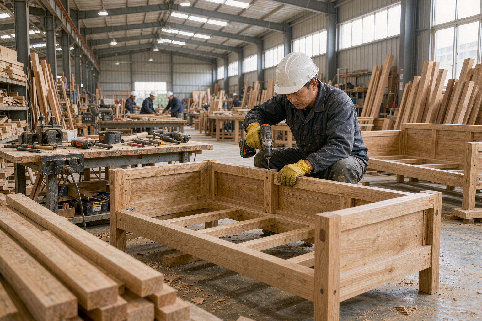 家具源头工厂车间内部实拍,工人正在组装家具