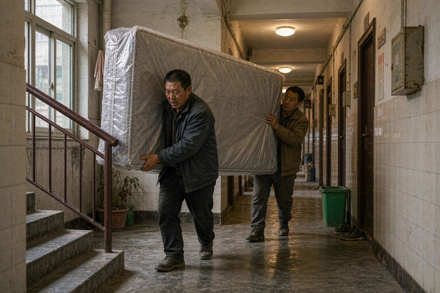师傅抬床垫走居民楼楼道