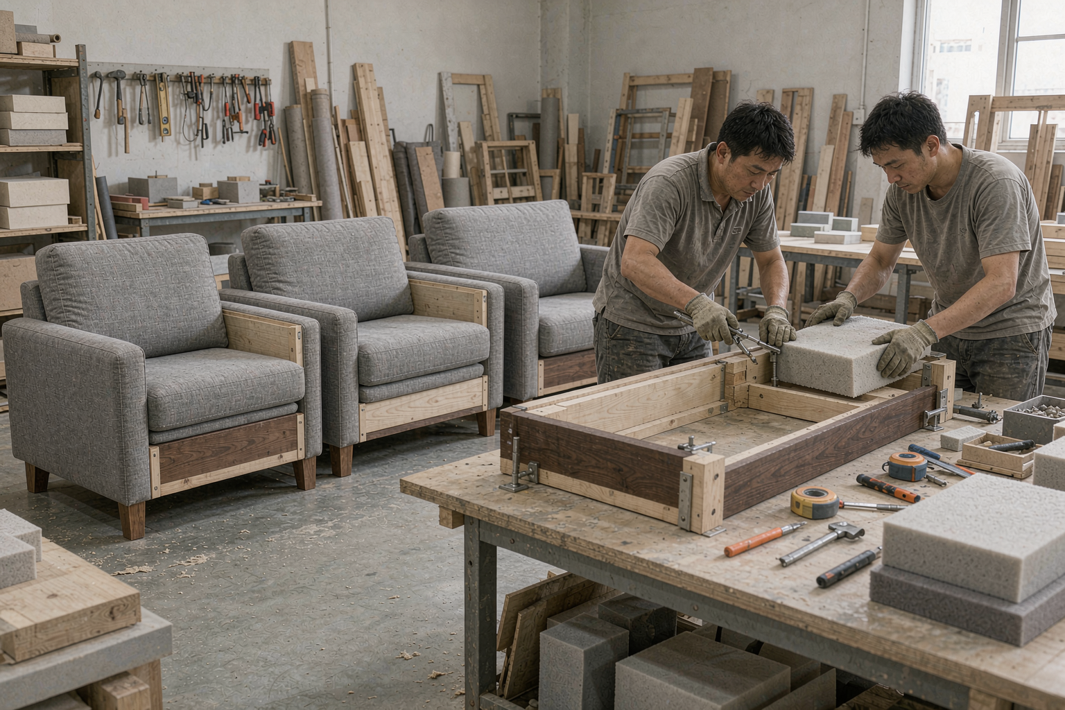 家具工厂打样车间里工人手工组装沙发样品并排摆放