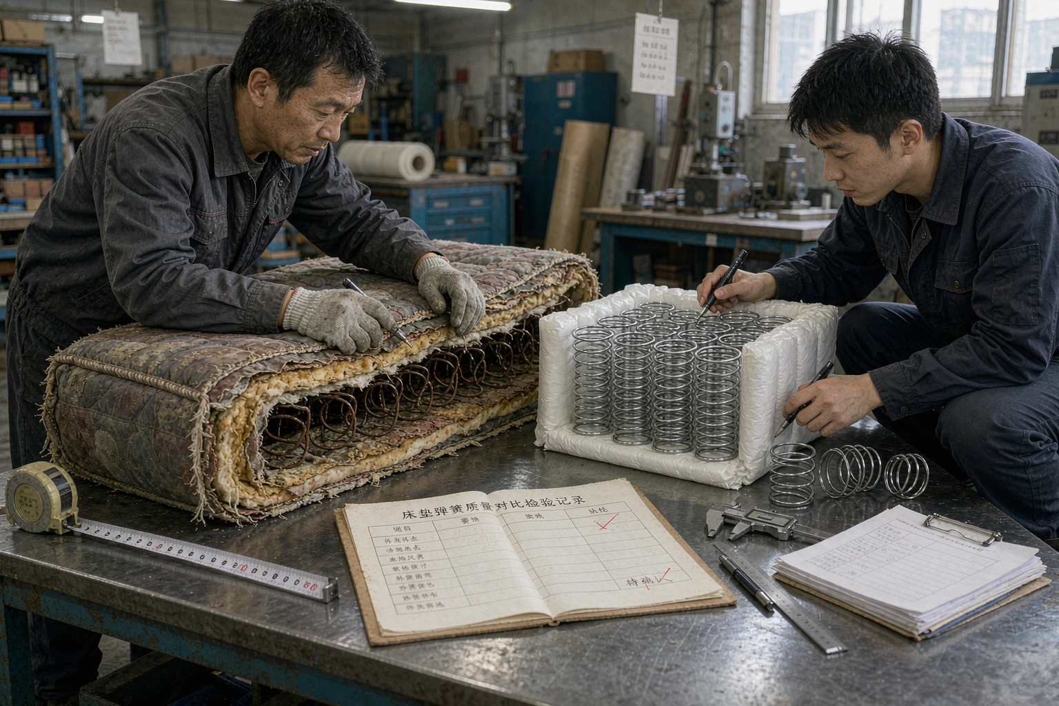 切开旧床垫剖面与新弹簧样品比对