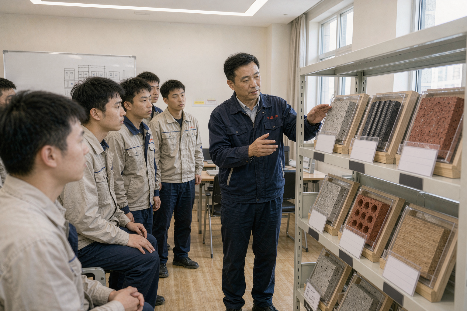 师傅向新工人讲解留样样品架