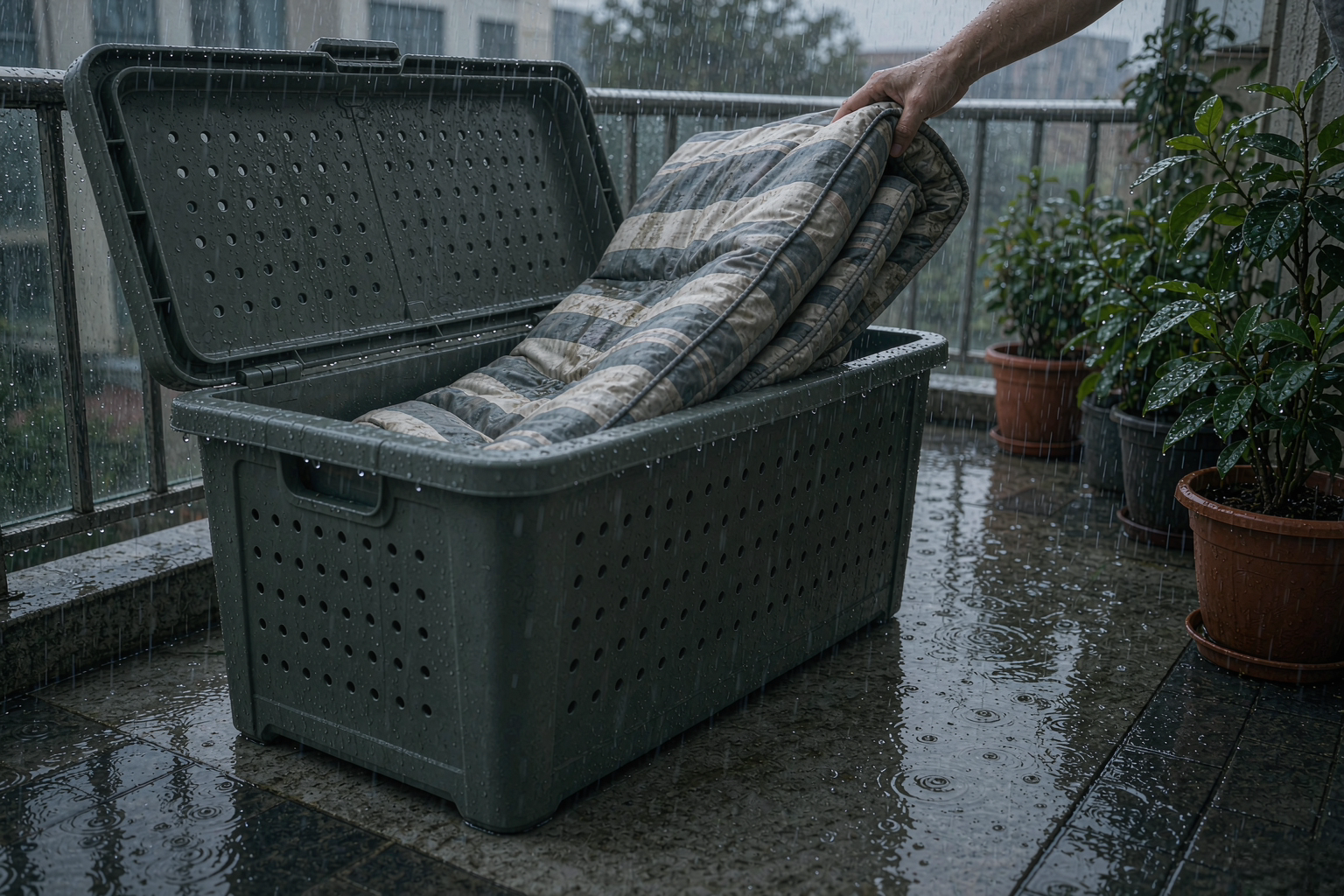 雨天阳台坐垫收进带透气孔储物箱实拍