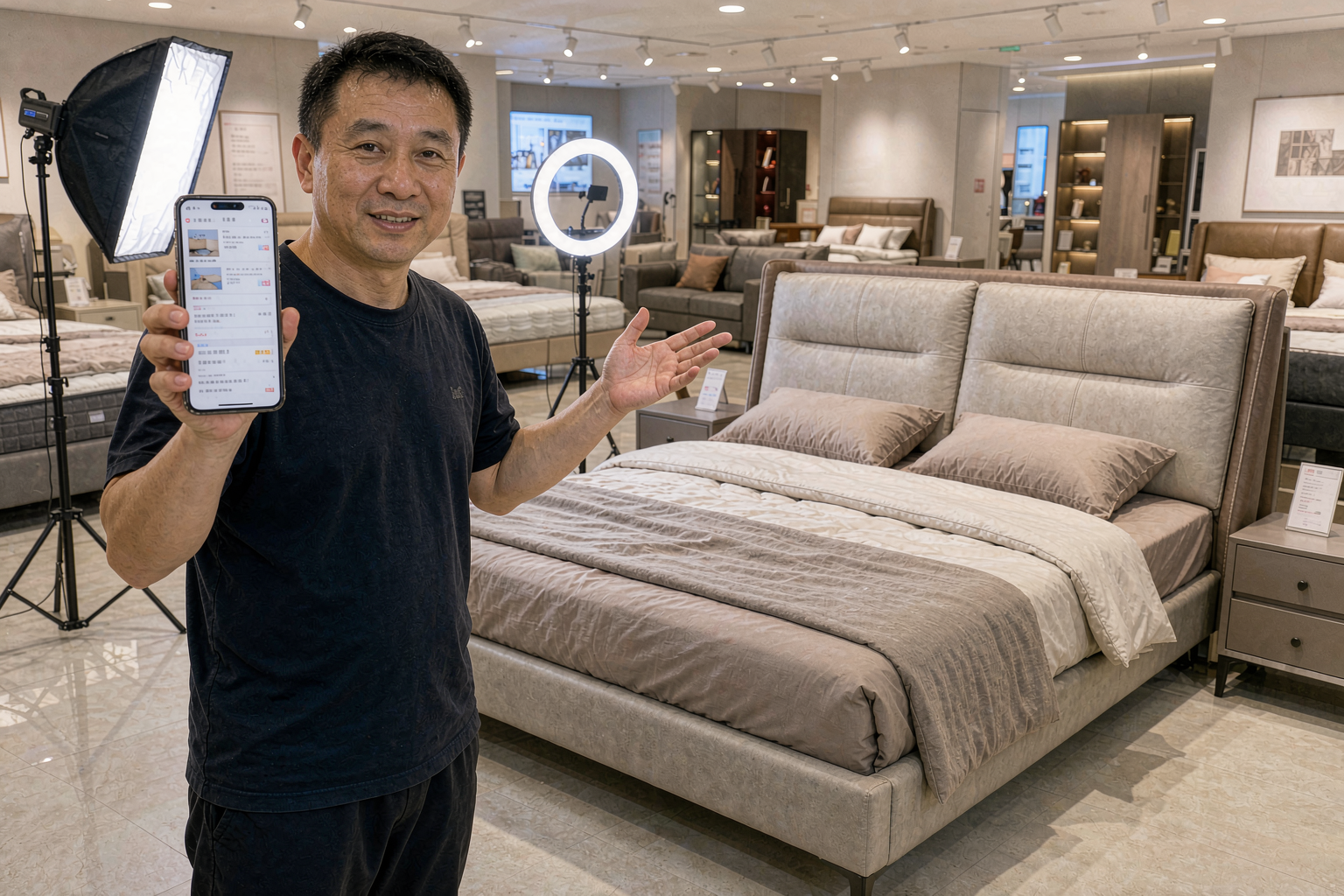 刚总家具主播在直播间举手机展示订单页讲解下单方式