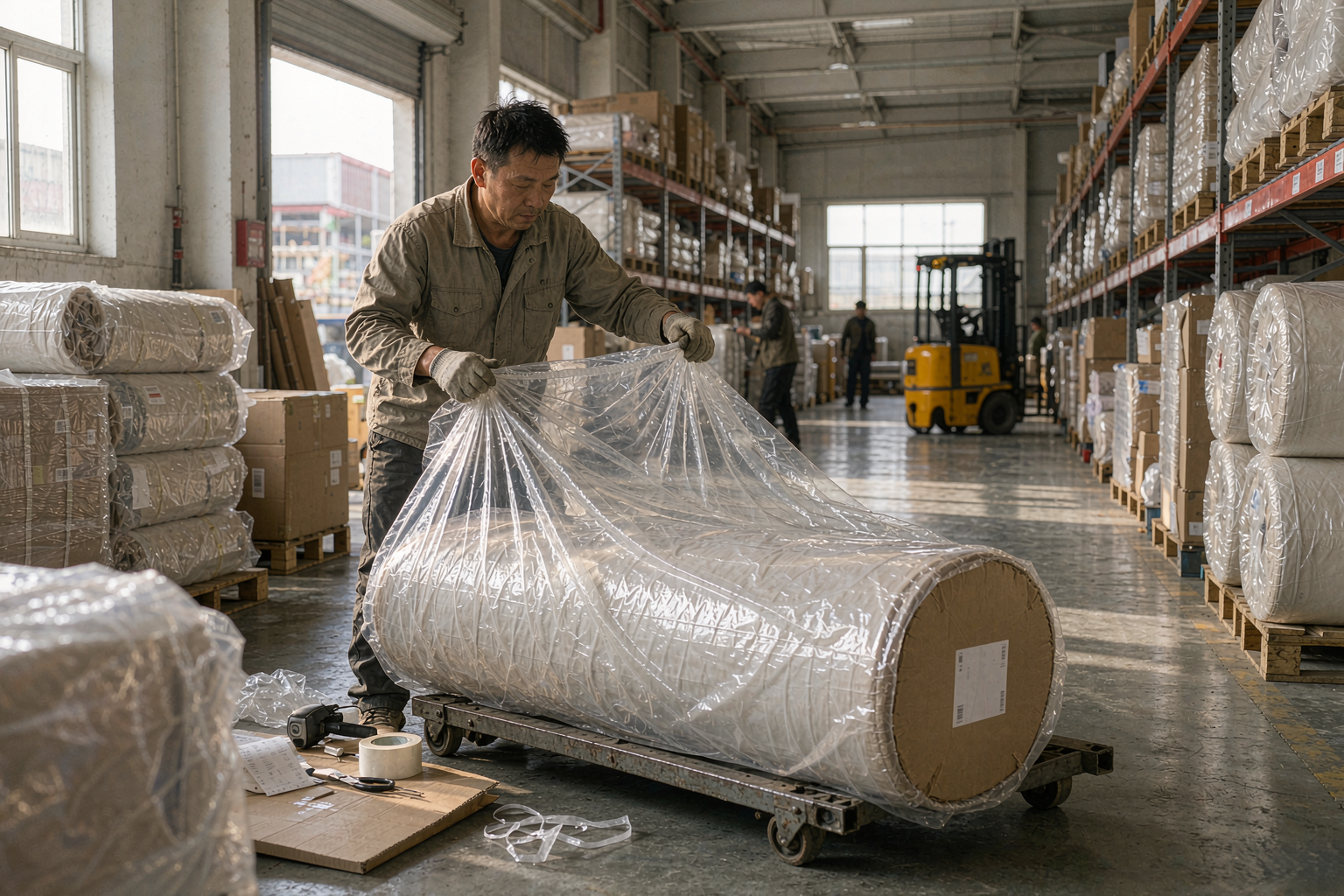 家具仓库工人给卷装床垫套防尘袋准备发货