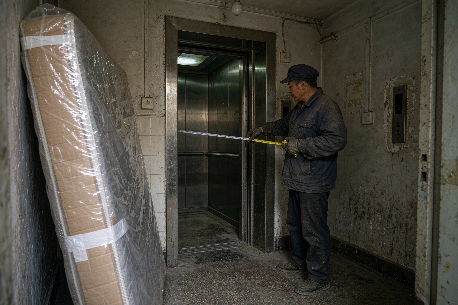 送货师傅在老小区电梯厅用卷尺测量轿厢宽度
